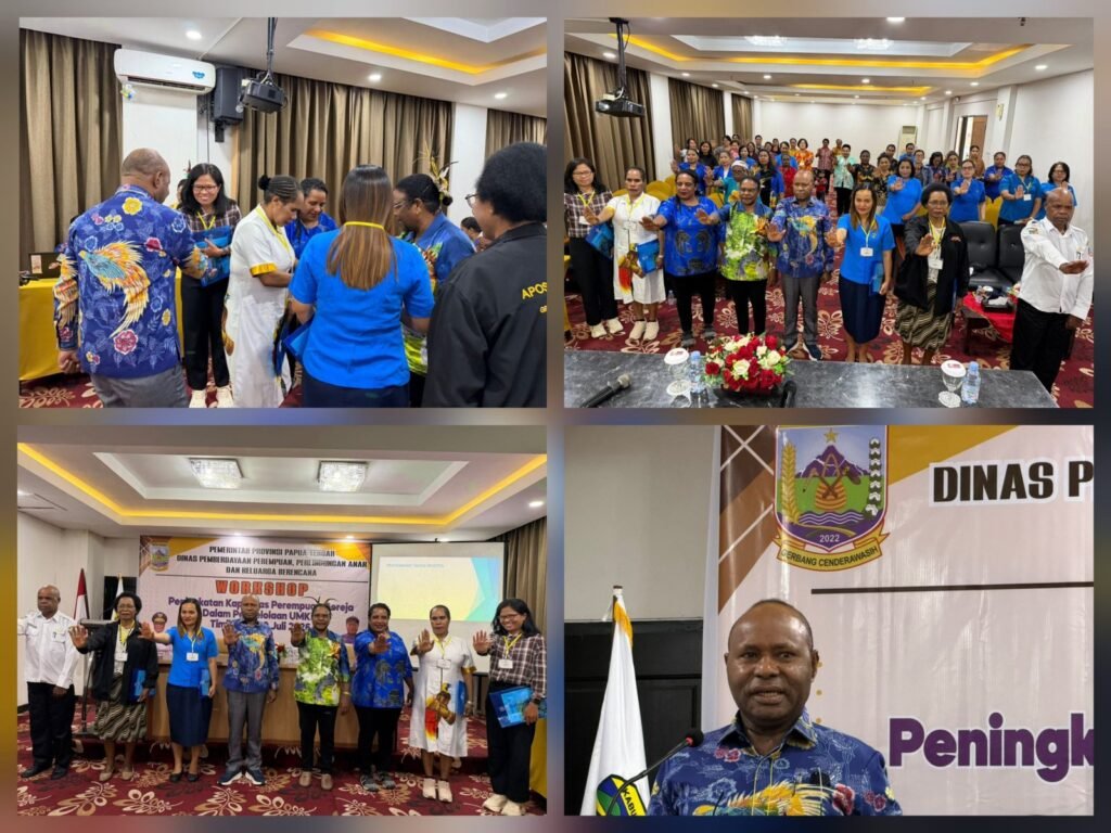 Kolase empat foto: penyematan tanda peserta, peserta berdiri, pejabat di depan spanduk workshop, dan pembicara di podium