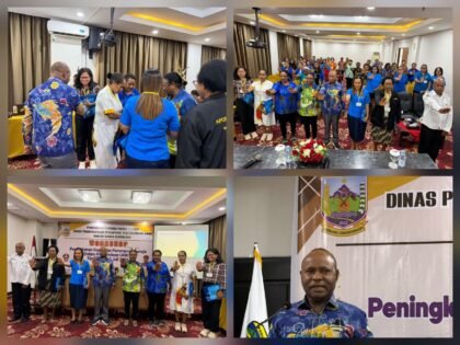 Kolase empat foto: penyematan tanda peserta, peserta berdiri, pejabat di depan spanduk workshop, dan pembicara di podium